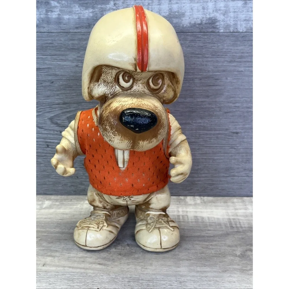 1977 Creative Mfg Orange Football Player Hound Dog Plastic Coin Bank Vintage 70s